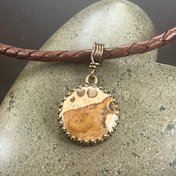 Braided Leather Necklace, Picture Jasper Pendant, Womens Mens Layering Necklace - Picture 2 of 7